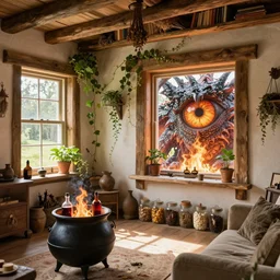cottage living room interior with a witch cauldron and bottles of potions and ingredients in jars, sunny, natural materials, rustic wood, window sill with plants, vines on the walls, dried herbs under the ceiling bookshelves, design. A giant dragon looking through the window. Fire. Gigantic dragon eye. Mordor
