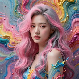 a portrait of a very beautiful young asian goddess with pink and grey hair radiating an artwork made of swirling paint and impasto by wlop and ian mcque, background is multicoloured volumetric displacement, hyperrealism, subsurface scattering, arnold render, noise to volume, 8 k, houdini, xparticles