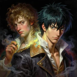 a baroque neoclassicist close - up of george joestar mixed with simon belmont, detailed textures, glowing colorful fog, black background, highly detailed fantasy painting by moebius, norman rockwell, frank frazetta, and syd mead, rich colors, high contrast, artstation