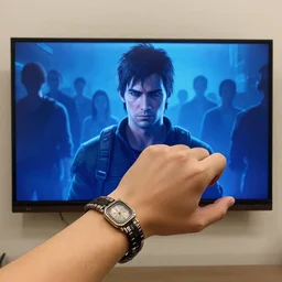 the screen where he was looking is very similar from the fallout game, especially the bracelet. and he looked at ordinary people through him and they seemed to him mutants, high mutation, unsuitable living conditions. overlay effect blue, vector art, hyperrealistic, 4 k,