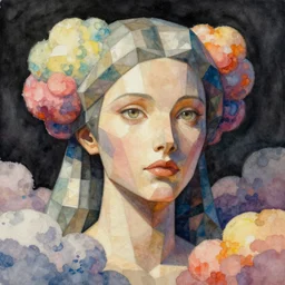 watercolor neoclassicist sci - fi close - up portrait of a low poly geometric woman in colorful puffy cartoon clouds. reflective detailed textures. studio lighting, dark background. highly detailed fantasy science fiction painting by, moebius, norman rockwell, frank frazetta, and syd mead. high contrast. artstation