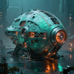 futuristic rounded spaceship, exterior, teal glow, orange glow, ussr machinery, scifi, machines, artificial intelligence, ultra realistic, highly detailed, futuristic landscape, industrial, city, atmosphere, highlighted, cinematic, reflections, steel, puddles of water, trees, art by jan urschel, greg rutkowsky and neil blevins