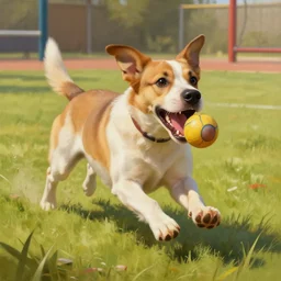 Painting of an excited dog trying to chase a ball with its mouth open trying to bite the ball in a playground running through the grass, intricate, elegant, highly detailed, centered, digital painting, warm lighting, artstation, concept art, smooth, sharp focus, illustration, by (Peter Mohrbacher), WLOP