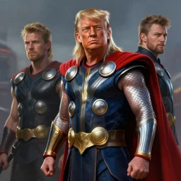donald trump as thor, fantasy, high detail, elegant, digital painting, cinematic lighting, textured skin, highly detailed, artstation, unreal engine 5, breathtaking, illustration, ilya kuvshinov, nikolay makovsky