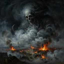 demon emerging from clouds, large town in distance, night, fire, smoke, painting, high detailed, fantasy, particles, fog, creepy, tintoretto, beksinski, masanori warugai, wlop