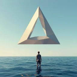 a person standing in the ocean with a triangle in the sky, a low poly render by mike winkelmann, featured on polycount, symbolism, tesseract, low poly, geometric