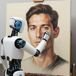 robot artist painting a self - portrait on a canvas. intricate, highly detailed, digital matte painting, in the style of alexandros pyromallis, and in the style of sachin teng, and in the style of hans thoma, and in the style of ray harryhausen. irony, recursion, inspiration.