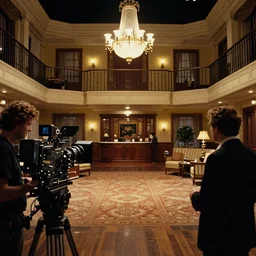 cinematography of the overlook hotel's lobby from stanley kubrick's 1 9 8 0 film the shining, inside the soundstage set for the overlook hotel interior shot on 3 5 mm eastman 5 2 4 7 film by the shining cinematographer john alcott shot on a 1 8 mm cooke panchro lens with golden ratio composition
