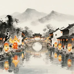 grand river lantern festival, chinese ink painting style, trending on artstation, global illumination, radiant light, art by wlop and greg rutkowski,, detailed and intricate environment, 8 k