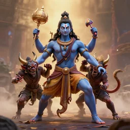 a digital art of lord shiva figthing with demons, 3 d render