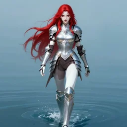 beautiful warrior lady walking on water, red long hair, practical armor, shiny white skin, demonic eyes, low fantasy, extremely detailed, sharp focus, smooth, digital illustration, by rossdraws, frank franzzeta, sakimichan