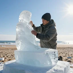 a photo of a man sculpting an ice statue in dry beach, during noon, bright