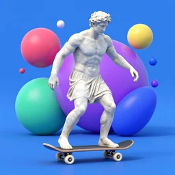 greek marble statue riding a skateboard with 3 d shapes in the background, vibrant 9 0 s art