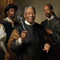 renaissance painting of cyril ramaphosa smoking good dank with nipsy and snoop