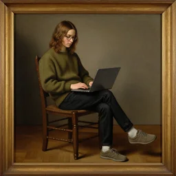 painting of a long haired teenager!!! with glasses sitting on a chair, clothed with an olive colored sweater and a black jean, with a laptop!!, full body, renaissance!!! painting!!!, ultra detailed, masterpiece, framed