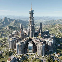 mountain size arcology hive city, crowded with people, satellite view, zoom out