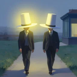 two individuals wearing big giant hats walking the path of love and light by adrian ghenie and takato yamamoto and edward hopper and mark ryden and tsutomu nihei, part by bridget riley, acrylic pour and splashing paint, very coherent, baroque elements, perfect anatomy, intricate design. pop art.
