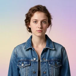 full head photo portrait of joconde made of jeans jacket, medium shot, super realistic, crisp details, sharp, detailed, intricate, volumetric lights, cinematic, pastel gradient background, shot with hasselblad, octane render