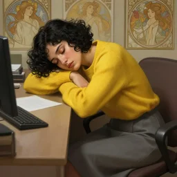 tired woman with short curly black hair resting at her office, wearing yellow sweater and grey skirt, deep focus, d & d, fantasy, intricate, elegant, highly detailed, digital painting, artstation, concept art, matte, sharp focus, illustration, hearthstone, art by artgerm and greg rutkowski and alphonse mucha