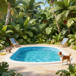 swimming pool in the middle of the jungle a cat and a dog playing around , beach chair , octane render