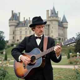 vintage photograph of count orlok outside his castle, playing the blues on guitar, castle in the background, 4 k