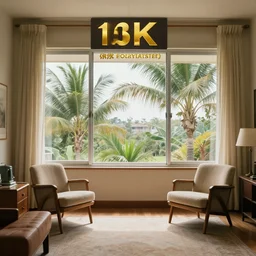 a very high resolution picture of a room in an apartment in the 8 0 ’ s, palms from the window, hyper realistic, photography, award winning photography, unreal engine, 8 k,