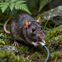 photo, scary ugly alien monster - rat chewing! thick! internet cable!!! in the ferns, grass and rocks, highly detailed, intricate details, volumetric lighting, close up