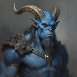 masterpiece painting of a blue skinned orc with long horns, featured in artstation, concept art by Greg Rutkowski, WLOP, Dan Mumford, Christophe Vacher