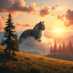 cat in the clouds, peaceful meadows, trees, mountains in the background, retrowave artwork, photorealistic, sunset, beautiful, volumetric lighting, high quality