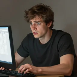 Portrait of a man by Greg Rutkowski, he is about 20 years old, mixture between french and spanish, short brown hair with bangs, manly, attractive, wide forehead, sturdy, he is horrified but resigned looking at the computer screen knowing the schedule for the second semester, he is wearing a black t-shirt, highly detailed portrait, dystopian, digital painting, artstation, concept art, smooth, sharp foccus ilustration, Artstation HQ