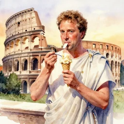 larry david at a the colloseum in rome wearing a toga eating gelato at sunset, watercolor