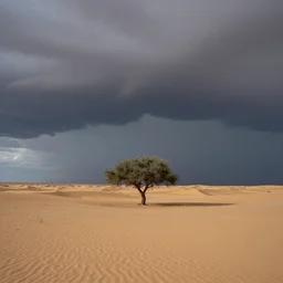 barren desert with large storm clouds and a single tree