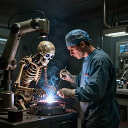 A man getting turned into a cyborg on a skeleton-like welding station operated by an old robot surgeon, dull lights, tight space, dark, depressive ancient laboratory