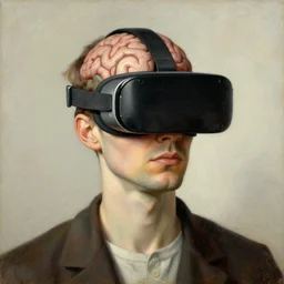 man wearing vr - brain - interface. painted by francis bacon, hieronymus bosch, giuseppe arcimboldo, albrecht durer digital art.