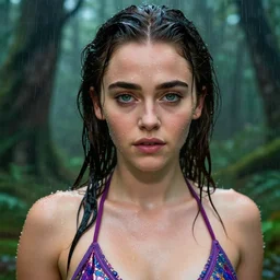 beautiful emilia clarke wearing a magical bikini in a magical raining forest, highly detailed and realistic face, rain drops on face, beautiful detailed eyes with a piercing gaze, fantasy art, in the style of artgerm, illustration, epic, fantasy, intricate, hyper detailed, artstation, concept art, smooth, sharp focus, ray tracing, vibrant, photorealistic