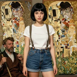 a girl with black hair pixie cut in shorts with suspenders drawn by ruan jua, norman rockwell, frank frazetta, peter paul rubens, alphonse mucha, gustav klimt 4k, unreal 5, DAZ,  trending on artstation, octane render, hyperrealistic