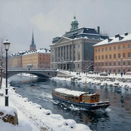 highly detailed painting of dieselpunk stockholm, winter, snow, river, by greg rutkowski, 4 k resolution, trending on artstation