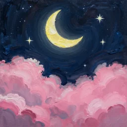 painting of night sky with crescent moon and stars above a layer of pink puffy clouds.