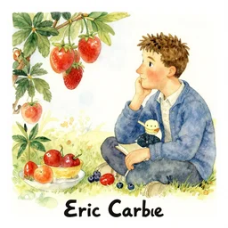 watercolor and collage by eric carle, of a man thinking about fruit, peaceful mood, movie poster