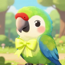 a cute anthropomorphic macaw parrot girl anthro wearing a lemon lime ribbon, park background, very anime!!! kawaii!! furry!! intricate details, aesthetically complementary colors, scenic background, art by rising artists with a radically new style. trending on artstation, top rated on pixiv and furaffinity