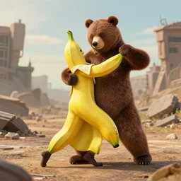 d. va, wearing a bear suit, doing the tango with a sentient banana, in a post - apocalyptic wasteland, highly detailed, extremely high quality, edited, 3 d render, award winning, unity, ray tracing, realistic, 8 k, hd, highly detailed, trending, mac demarco, two - point perspective, chibi