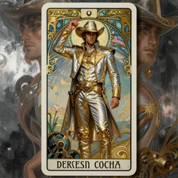 a dramatic ethereal epic symmetrical painting of a handsome cowboy in a silvery gold outfit | tarot card, art deco, art nouveau,  (steampunk), homoerotic, realistic, chrome background | by Dresden Codak, by Mark Maggiori and ((((Alphonse Mucha))) | trending on artstation