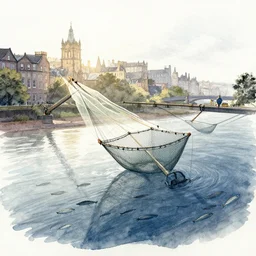 incredible wide screenshot, ultrawide, simple watercolor, rough paper texture, edinburgh, backlit shot, trawl fishing net, dredge, fish shoal, pencil marks, tina holley hd, 4 k, remaster, dynamic camera angle, deep 3 point perspective, dynamic lighting