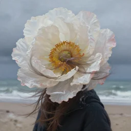 closeup, big flower head, a girl on beach, surreal photography, wind and cold, dramatic sky, impressionist painting, digital painting, artstation, simon stalenhag