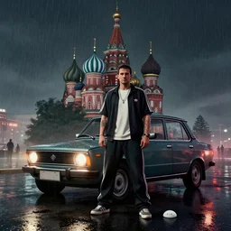 hyperrealistic matte painting of gta game in moscow, 1 9 9 0, playstation 5 screenshot, man in adidas, mega details, dark night, heavy rain, fog, beautiful rtx reflections, soviet suburbs, photorealistic, unreal engine 5, octane render, volumetric light, featured on cg society, 4 k, 5 0 mm bokeh, russian lada car, artstation