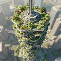 matte painting of the bird's eye view of umbrella tower. garden balconies. ecofuturistic architecture. dynamic perspective. urban, detailed digital art trending in artstation