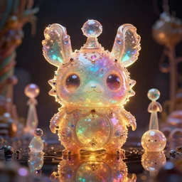macro lens, candy iridescent creature in candyland, water reflection, night, backlit, warm tones, bioluminescent : by michal karcz, daniel merriam, victo ngai and guillermo del toro : ornate, dynamic, particulate, intricate, elegant, highly detailed, centered, artstation, smooth, sharp focus, octane render