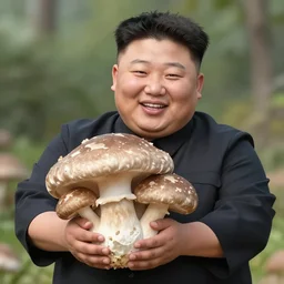 kim jong un happily holding a giant genetically modified shiitake mushroom that will feed his nation, bbc reporting, a scientific breakthrough endorsed by the great leader