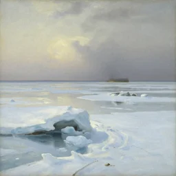 the north sea ( doggerland ) frozen over and the water lowered during the last ice ages, in the style of hudson river school of art, oil on canvas