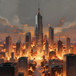 Futuristic city on fire, digital painting